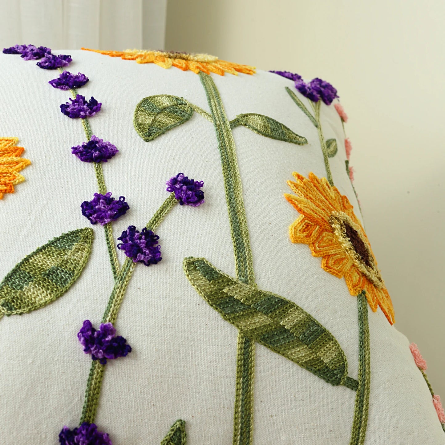 Sunflower & Lavender Embroidered Boho Throw Pillow Cover