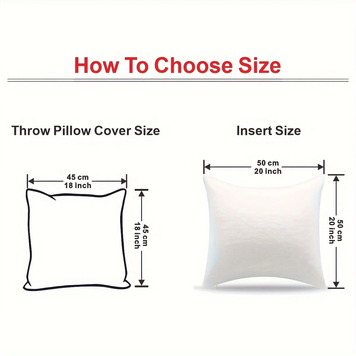 Diagram showing how to choose pillow size with measurements for throw pillow cover and insert. Velvet pillow cover with embroidered pumpkins, sunflowers, and autumn leaves – cozy fall home décor for sofa or living room.