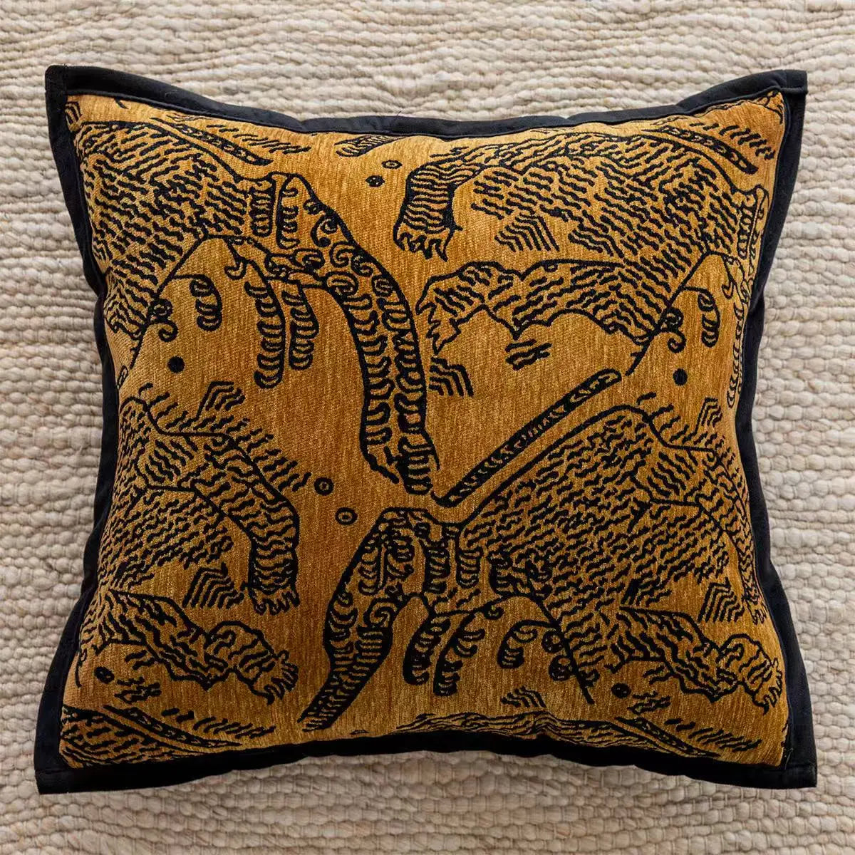 Decorative pillow with bear pattern on a textured surface. embroidery throw pillow cover in boho modern style