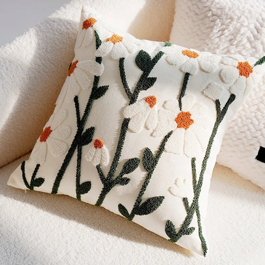Vintage Nordic Tufted Throw Pillow Cover – Daisy Flowers for Boho Home