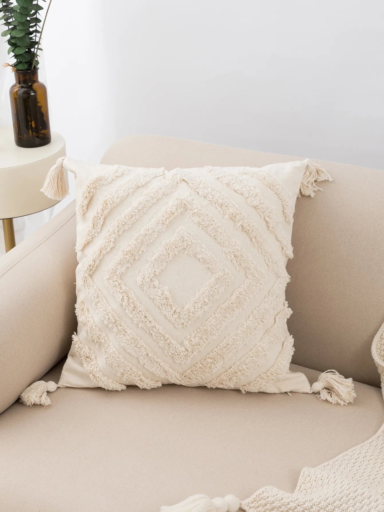 Beige Tufted Fringed Pillow Cover – Diamond Shaped Boho Home Decor Accent for Sofa, Bed & Living Room