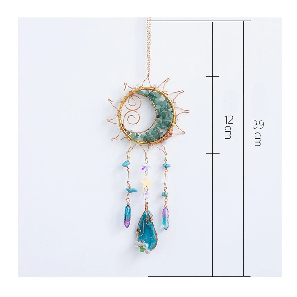 Decorative hanging moon and sun ornament with green stone and beads on a white background boho home decor, crystal wind chime, sun catcher for windows, moon prism chime, agate stone hanging, garden art decor, patio hanging decoration, boho housewarming gift, spiritual gift, crystal suncatcher, balcony decor, meditation decor, handmade crystal chime