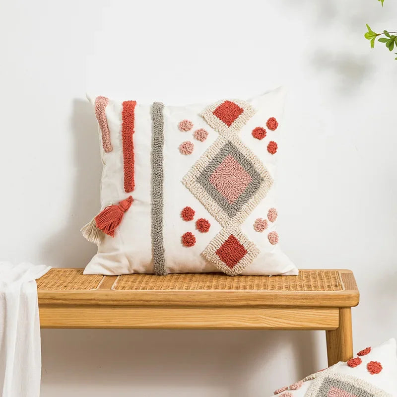 Boho Loop Tufted Cushion Cover – Handmade Cotton Canvas Pillow with Tassels & Embroidery