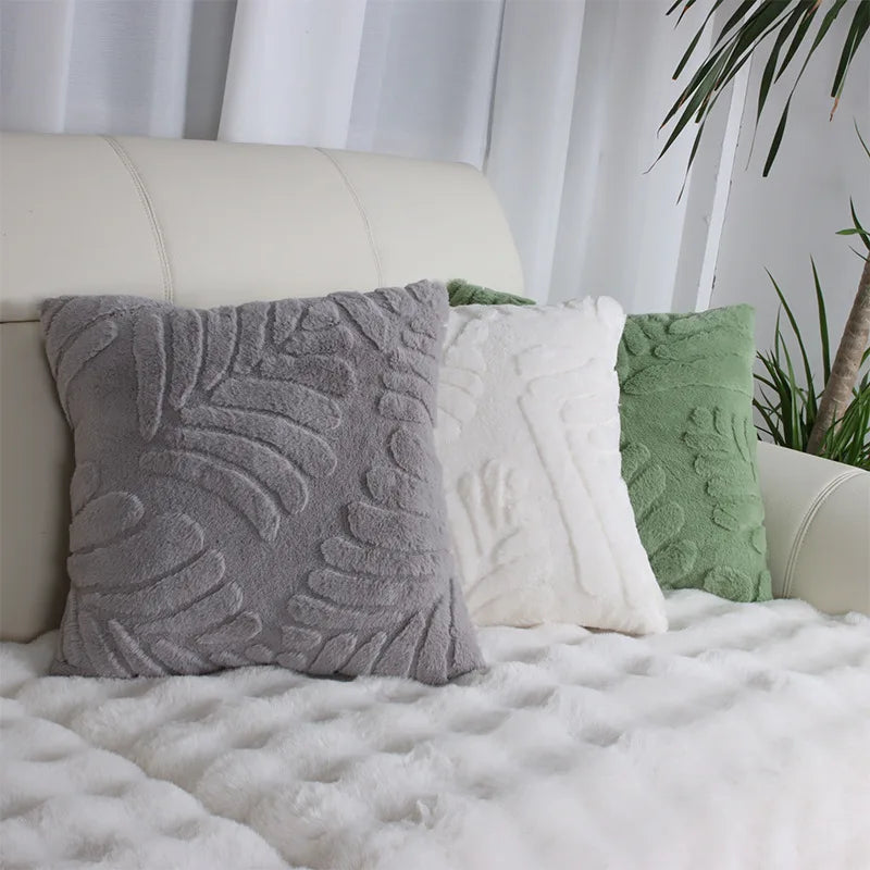 Faux Fur Jacquard Leaf Pillow Cover – Soft Accent Cushion