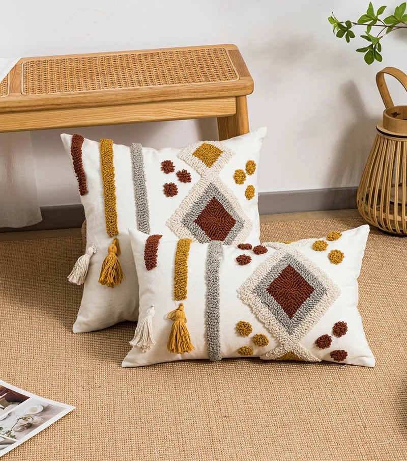 Boho Loop Tufted Cushion Cover – Handmade Cotton Canvas Pillow with Tassels & Embroidery