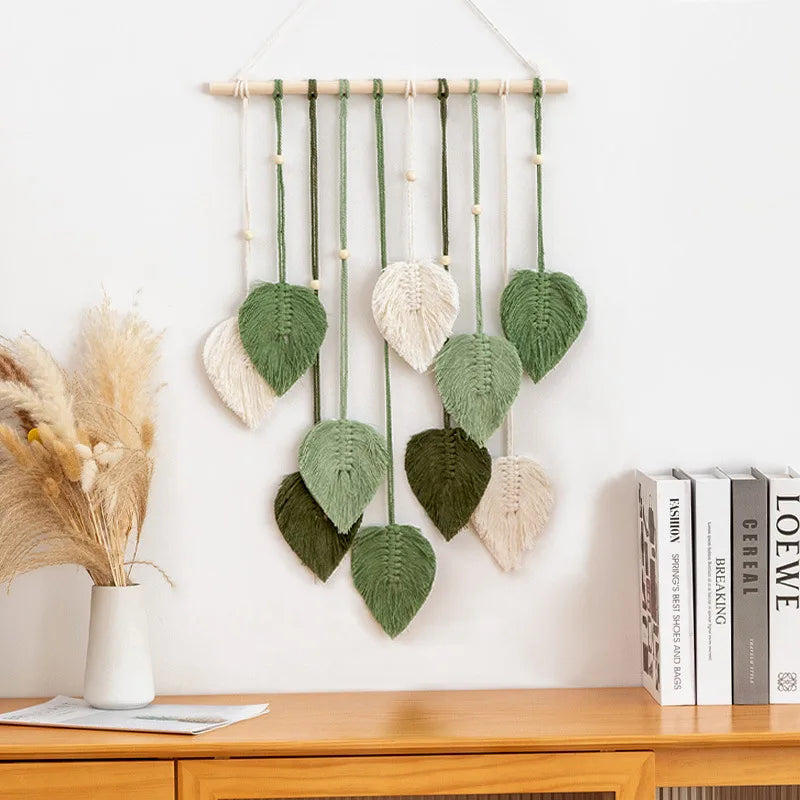 Boho Macrame Leaf Wall Hanging – Handwoven Tapestry with Wood Beads