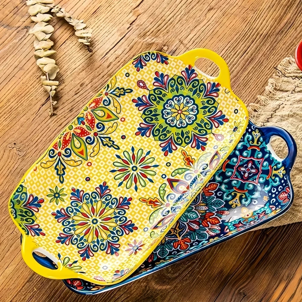 Boho Ceramic Fish Dish with Handle – Rectangular Serving Tray for Oven & Microwave