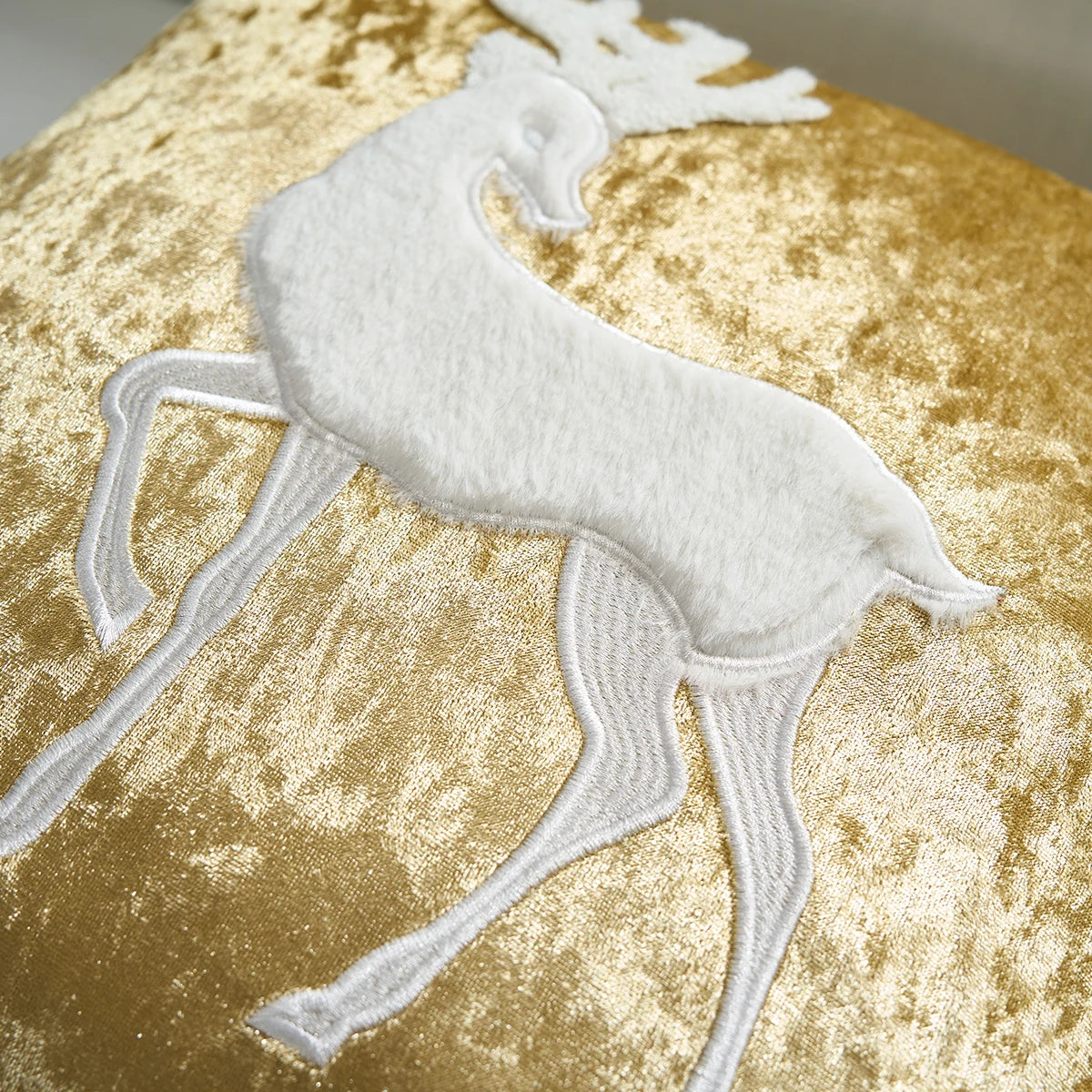 White embroidered flamingo on a gold textured fabric background. Christmas embroidered pillow cover in gold, 18x18 inch festive cushion case for sofa, bed, or holiday home décor. Christmas Gift Ideas