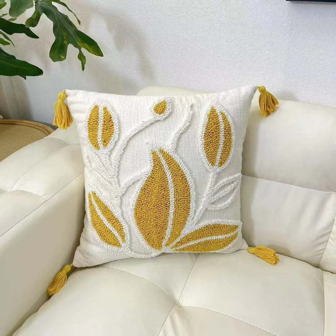 Decorative pillow with yellow leaf pattern and tassels on a white sofa boho home decor, housewarming gift, chenille pillow cover, geometric cushion case, Nordic pillowcase, velvet throw pillow, sofa cushion, bedroom pillow cover, modern jacquard cushion, decorative car pillow, textured home decor, looped velvet pillow