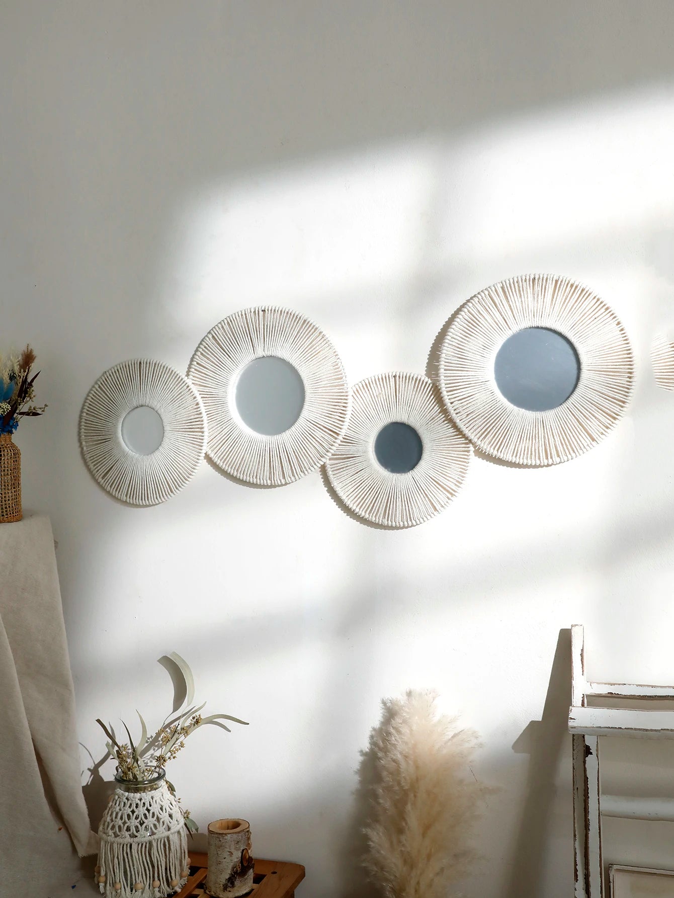 Round Wall Mirror Hanging Decorative Mirrors With Woven Hemp Rope Boho Wall Decor for Bedroom Living Room