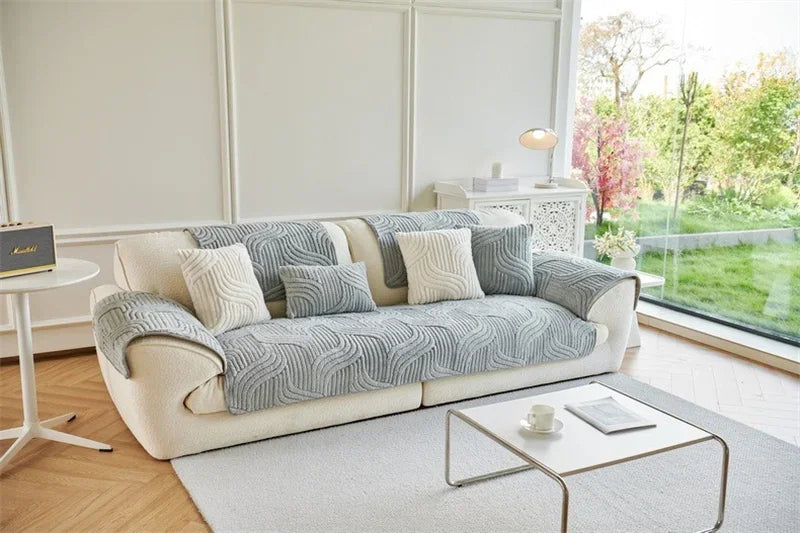 1PC Wave Striped Sofa Cover Solid Color Thicken Plush Sofa Towel Covers Non-slip Couch Slipcovers Sofa Mat for Living Room