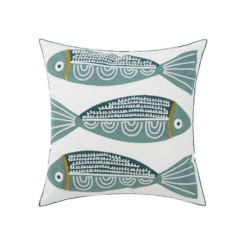 Fish Cozy Embroidered Throw Pillow Cover – Nordic-Inspired Boho Home Decor Accent