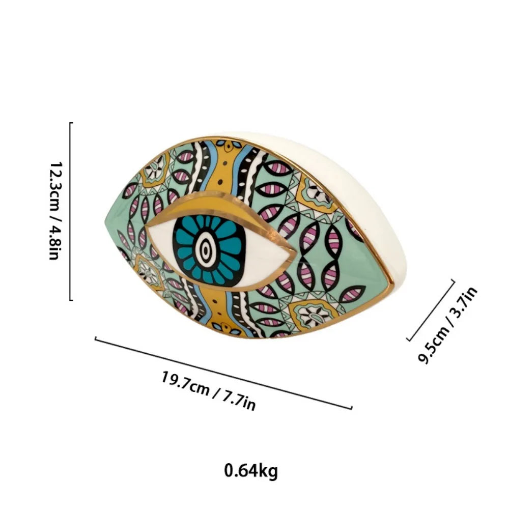 Moroccan Turkish blue evil eye ceramic figurine, unique bohemian home decor accent perfect for eclectic and boho home styles, adds soulful vibes and a cozy touch to any room, great for gifting as a boho home decor gift or housewarming present.