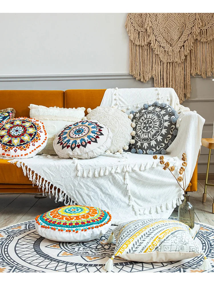 Boho Mandala Round Cushion Cover – Moroccan-Inspired Embroidered Throw Pillow Case for Boho Home Decor