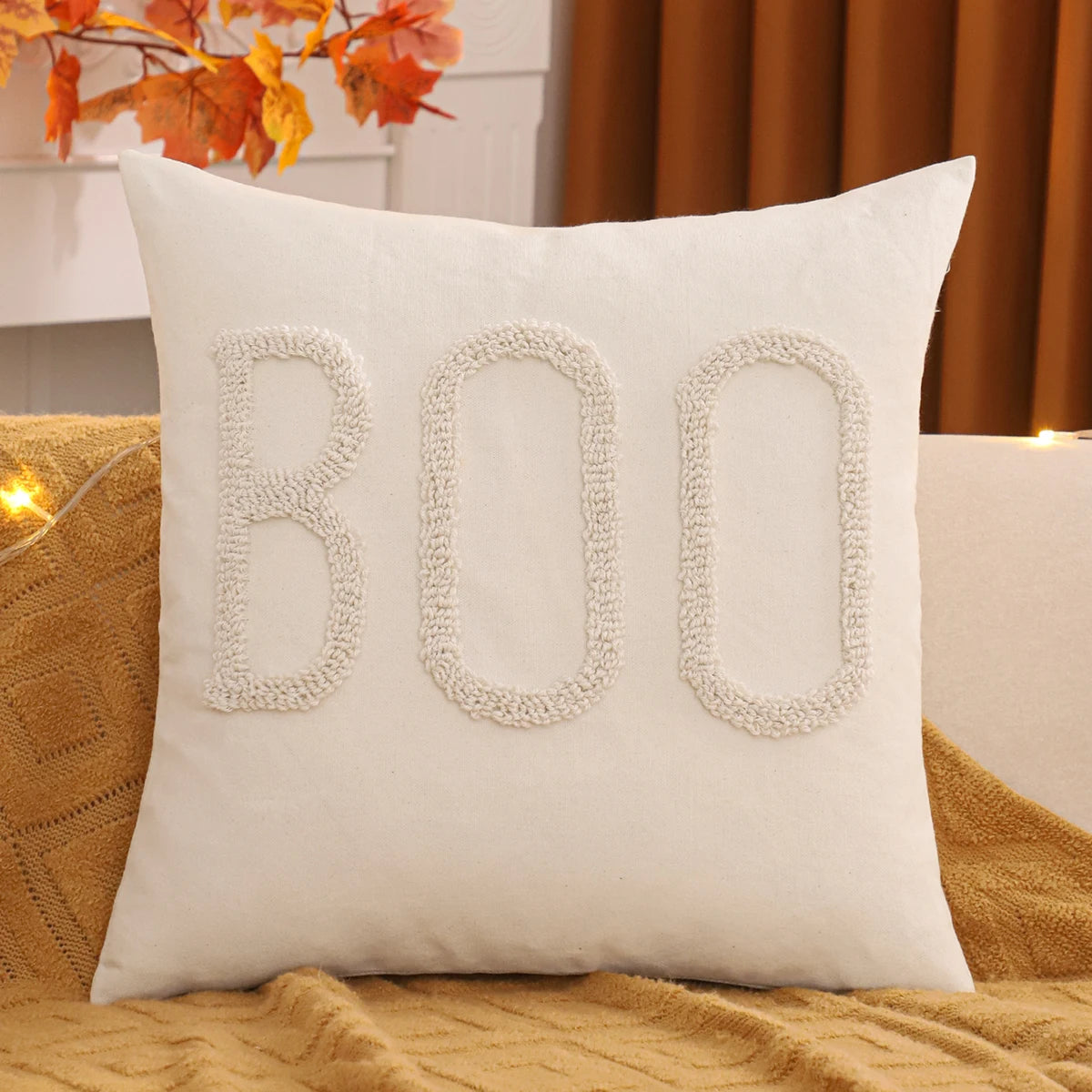 Tufted Halloween pillow cover with pumpkin and ghost embroidery, 18x18 inch festive fall cushion case for sofa, bed, and seasonal boho farmhouse décor