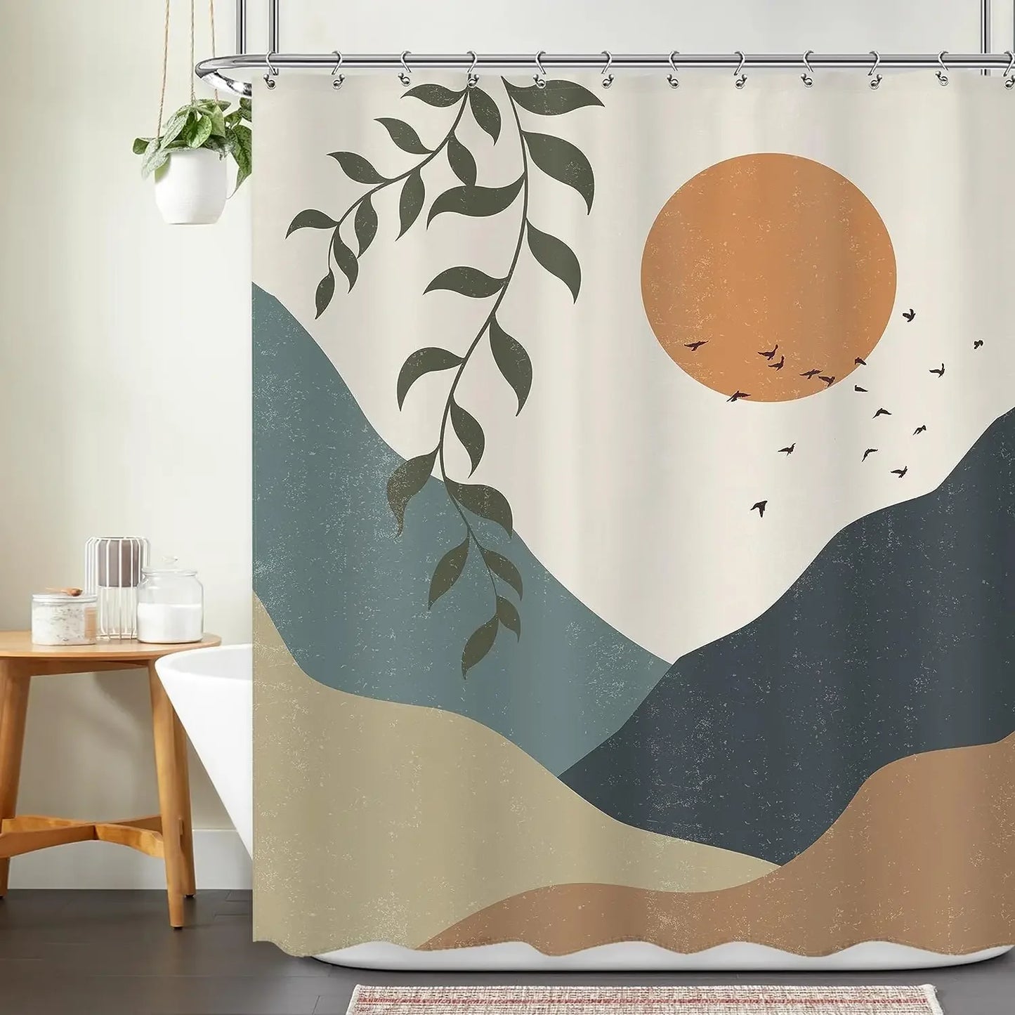 Abstract Bohemian Shower Curtain Arch Sun Moon Phases Boho Leaf Modern Minimalist aesthetic line geometric decorative Bathroom Home Decor Cat Leaves Mountains Outdoors