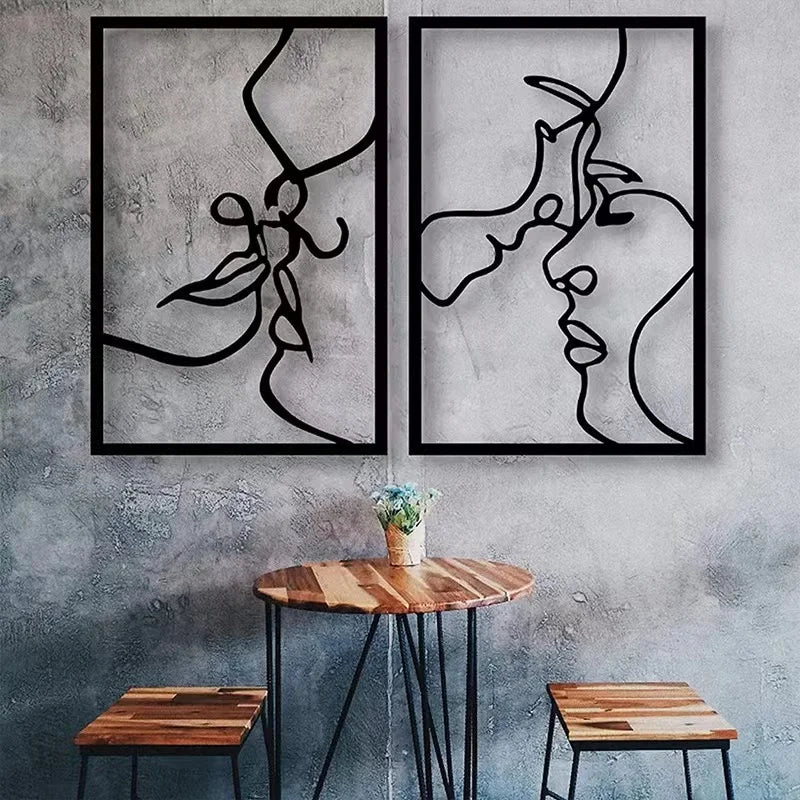 Woman Face Body Outline Kiss Silhouette Iron Wall Hanging Decor Abstract Line Ornament Beautiful Art for Living Room Bedroom Home Artwork Decor