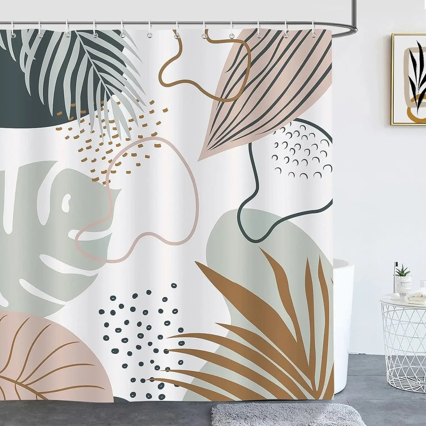 Abstract Bohemian Shower Curtain Arch Sun Moon Phases Boho Leaf Modern Minimalist aesthetic line geometric decorative Bathroom Home Decor Cat Leaves Mountains Outdoors