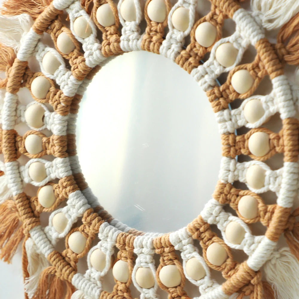 Boho Leaf Macrame Wall Mirror – Round Decorative Mirror with Fringe for Boho Home Decor