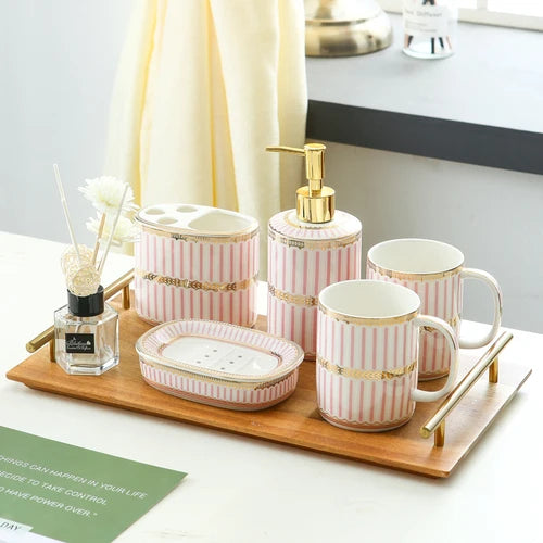 Ivory Porcelain & Gold-Plated Ceramic Bathroom Set – Black