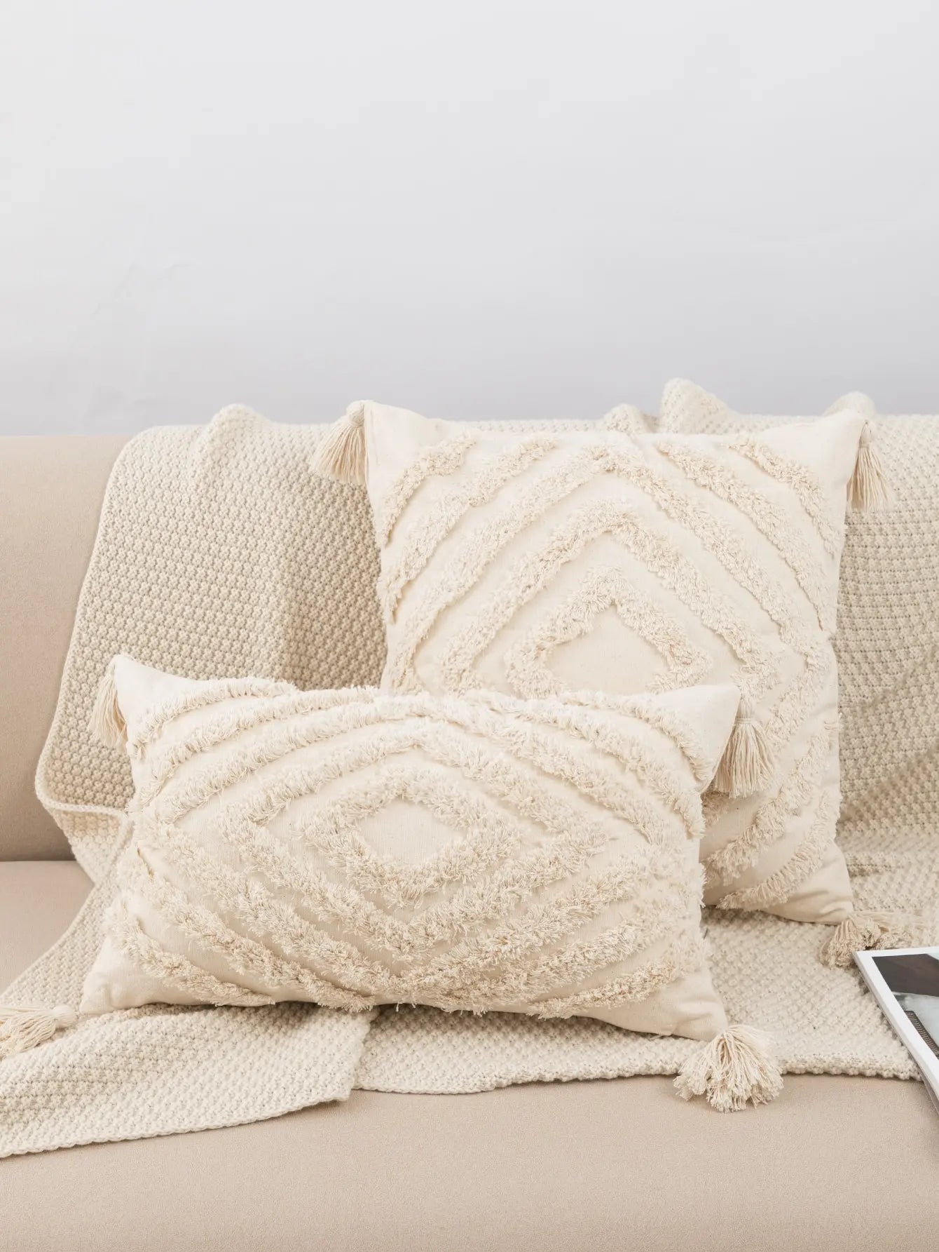 Beige Tufted Fringed Pillow Cover – Diamond Shaped Boho Home Decor Accent for Sofa, Bed & Living Room