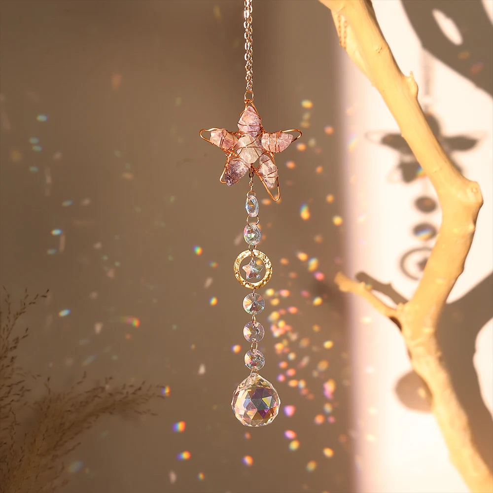 Decorative hanging star with crystals against a blurred natural background boho home decor, crystal wind chime, sun catcher for windows, moon prism chime, agate stone hanging, garden art decor, patio hanging decoration, boho housewarming gift, spiritual gift, crystal suncatcher, balcony decor, meditation decor, handmade crystal chime