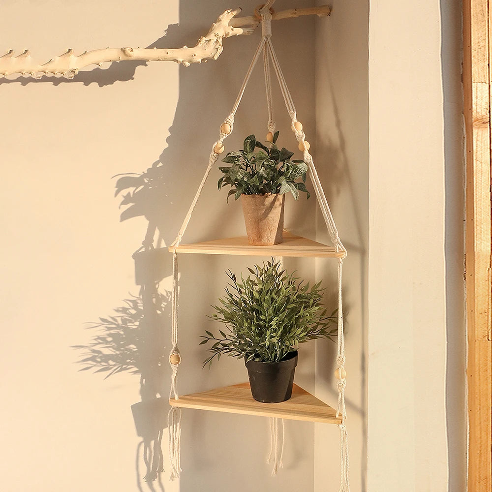 Boho Macrame Hanging Wooden Shelf – Handcrafted Floating Wall Shelf for Home Decor
