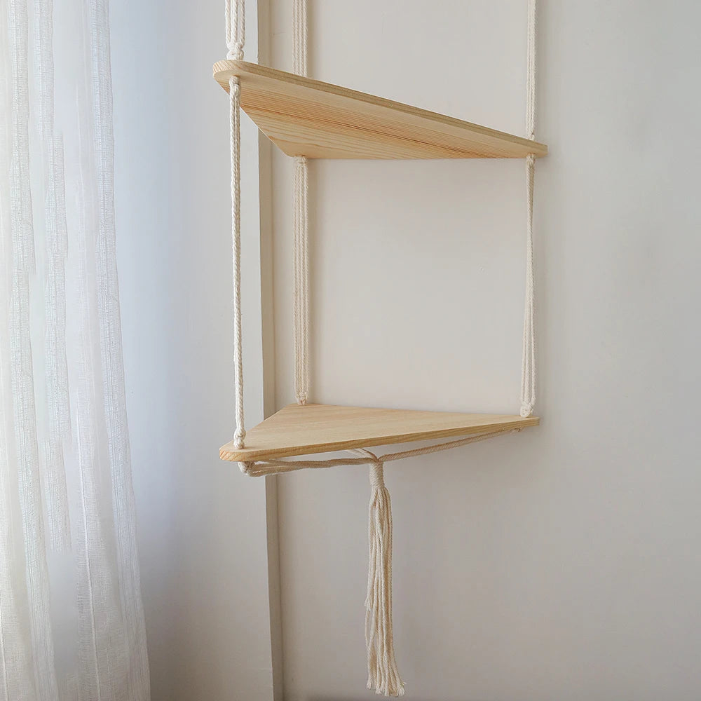 Boho Macrame Hanging Wooden Shelf – Handcrafted Floating Wall Shelf for Home Decor