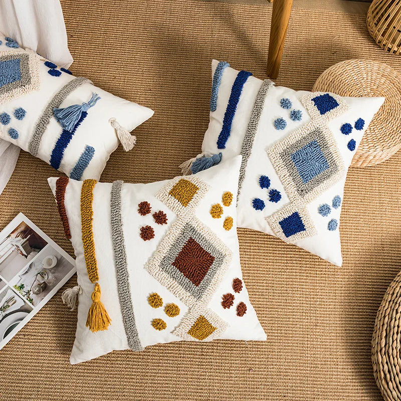 Boho Loop Tufted Cushion Cover – Handmade Cotton Canvas Pillow with Tassels & Embroidery