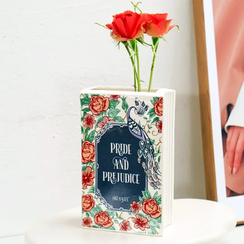 The Great Gatsby / Pride and Prejudice Square Painted Flowers Display Book Ceramic Vase Arrangement Art Decor Home Decoration Boho