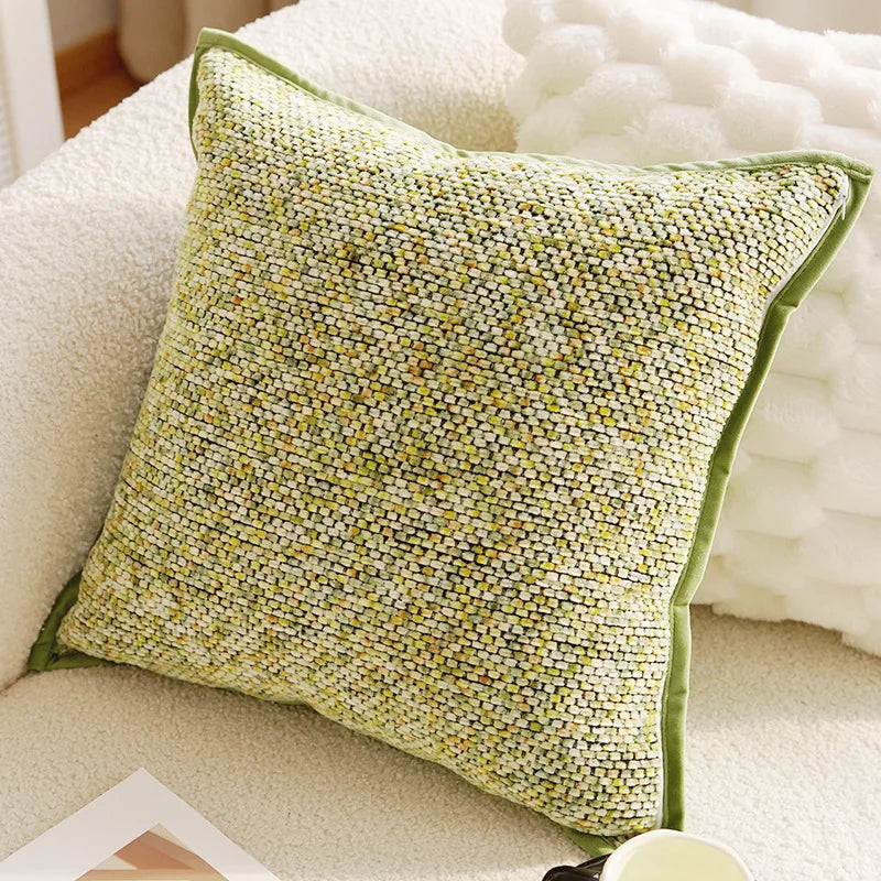 Textured green pillow on a beige sofa with a blurred background boho home decor, housewarming gift, embroidered pillow cover, flying bird cushion, animal pattern pillowcase, decorative throw pillow, Nordic cushion cover, luxury boho accent, sofa decor, nature-inspired pillow, canvas cushion case, textured home accessories