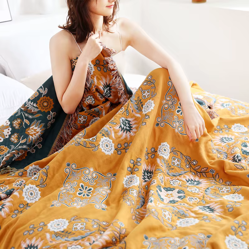 100% Cotton Muslin Throw – Soft, Lightweight & Boho-Chic Blanket - Orange & Purple Shapes