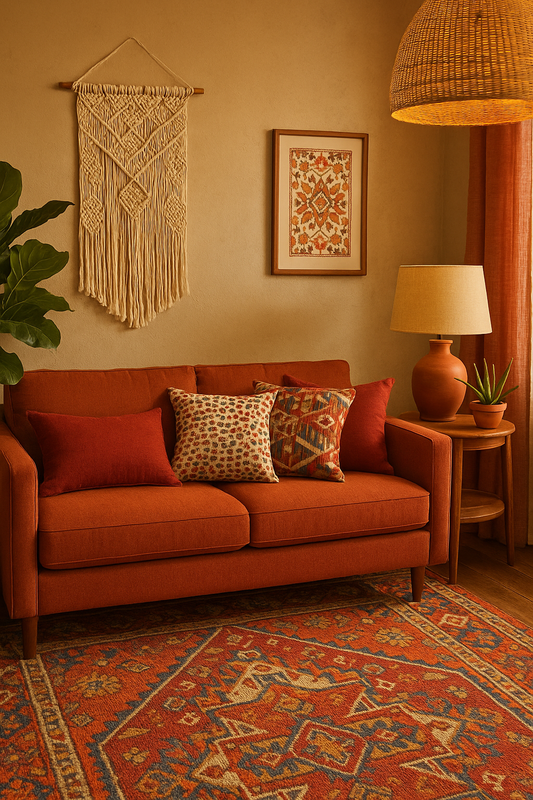 Cozy boho living room with woven baskets, textured throw pillows, and warm earthy tones — perfect inspiration for boho home decor gifts