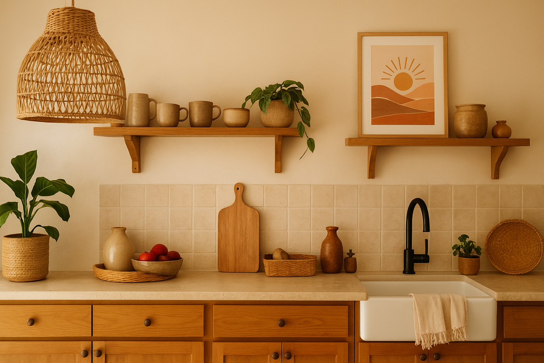 Warm boho kitchen with wooden shelves, woven lighting, plants, and earthy tones — cozy inspiration for boho home decor and kitchen styling.