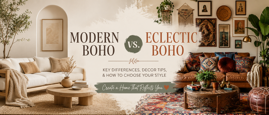 Wide banner image comparing two bohemian interior design styles side by side. On the left, a modern boho living room features neutral tones, minimalist furniture, soft natural textures, and a calm, airy aesthetic.