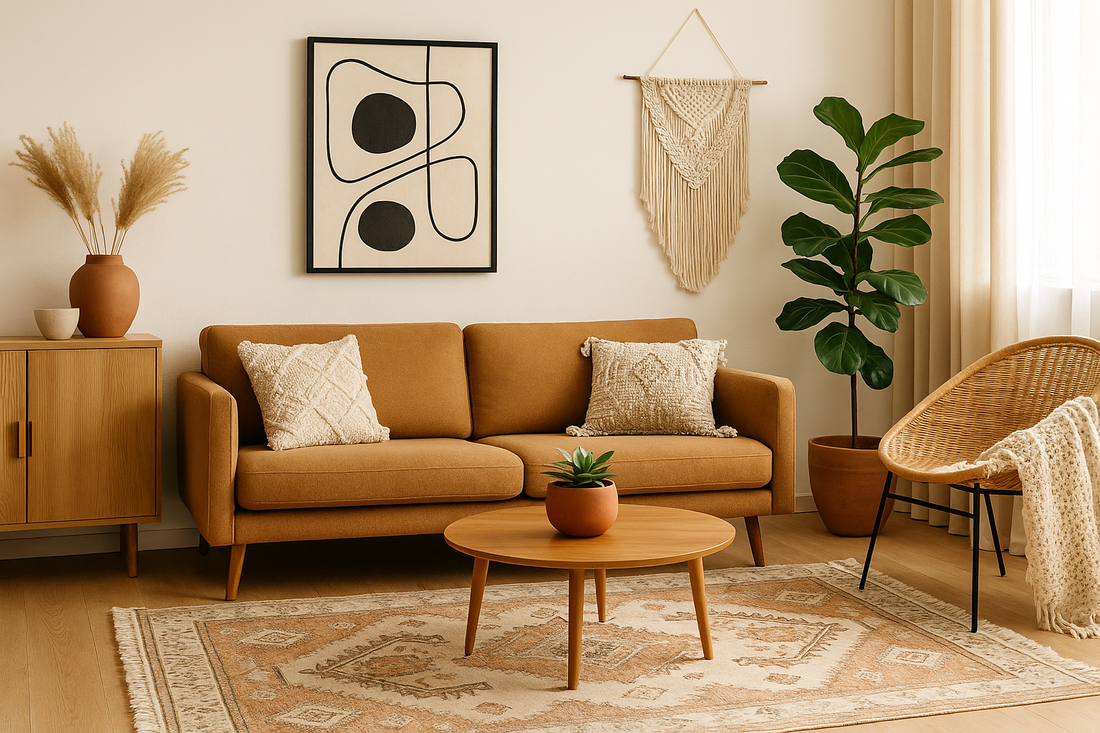Cozy boho living room filled with natural light, featuring modern home decor and bohemian home decor elements. A neutral-toned sofa layered with boho throw pillows and textured blankets, a woven area rug, macrame wall art, and indoor plants. 