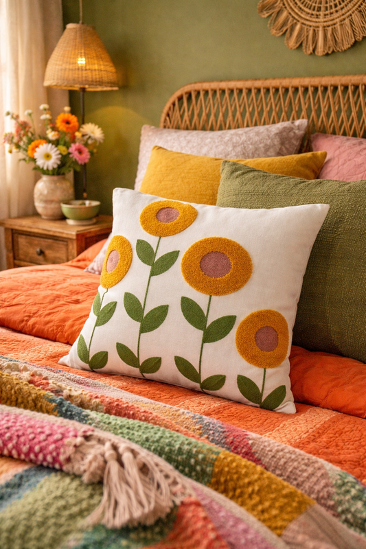 sunflower embroidered pillow on an eclectic boho bed