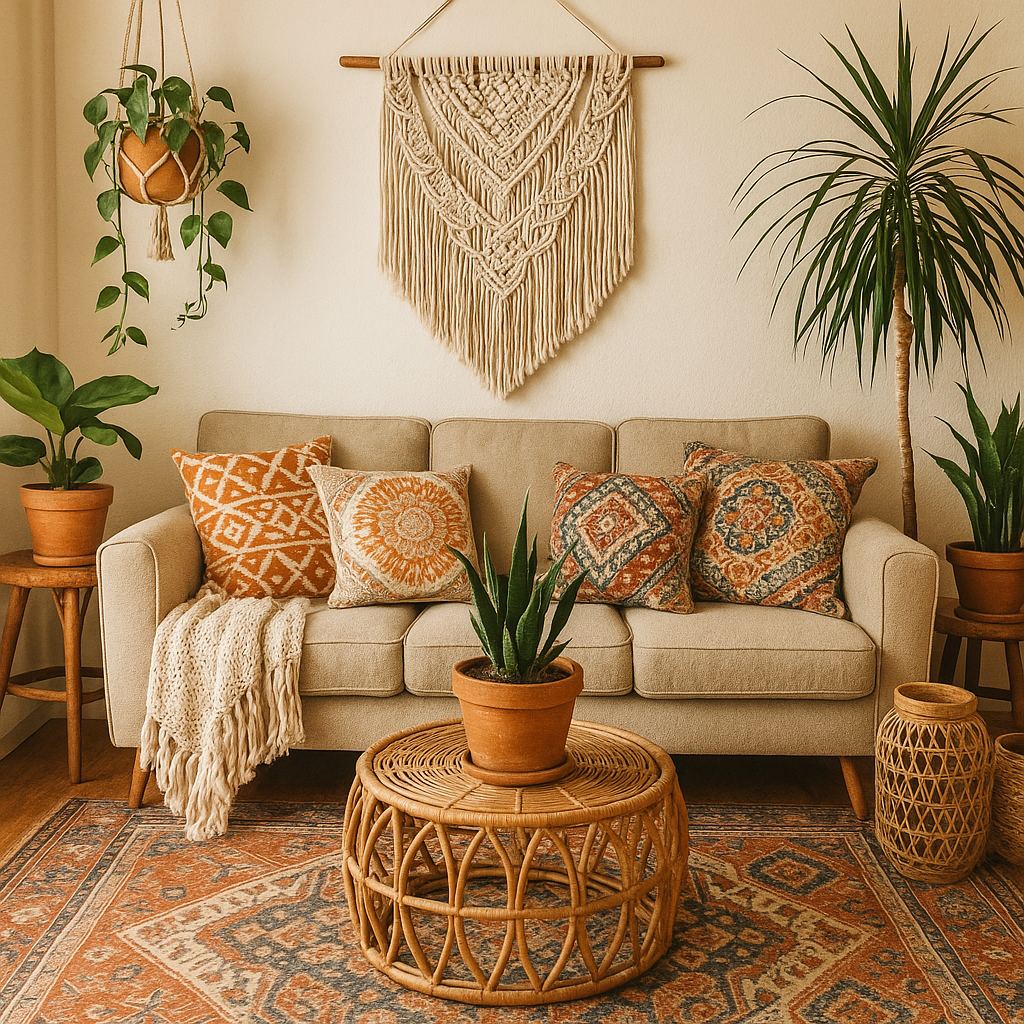My Boho Home - Quintessential Boho Decor Featuring Macrame Wall Hanging, eclectic pattern throw pillows and house plants
