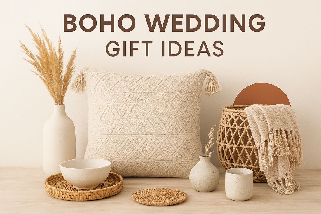 Boho wedding gift ideas displayed on a neutral wooden surface, featuring a textured cream pillow, woven basket with a fringed throw, ceramic vases with pampas grass, and natural rattan accents in warm earthy tones.