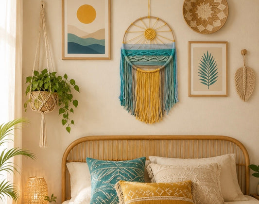 Bohemian bedroom styled for summer wth light rattan bed frame and side table and a sun dreamcatcher and beach themed wall art