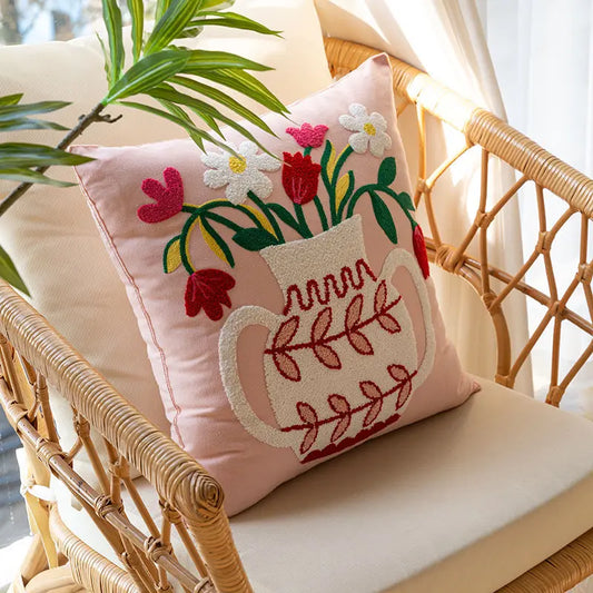 My Boho Home Spring Decor Blog Post Flower Pot Embroidered Pillow