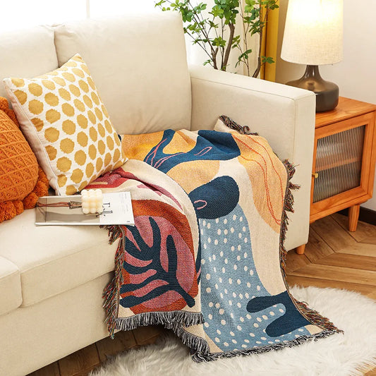 Boho Living Room Couch with Pillow and Throw Blanket