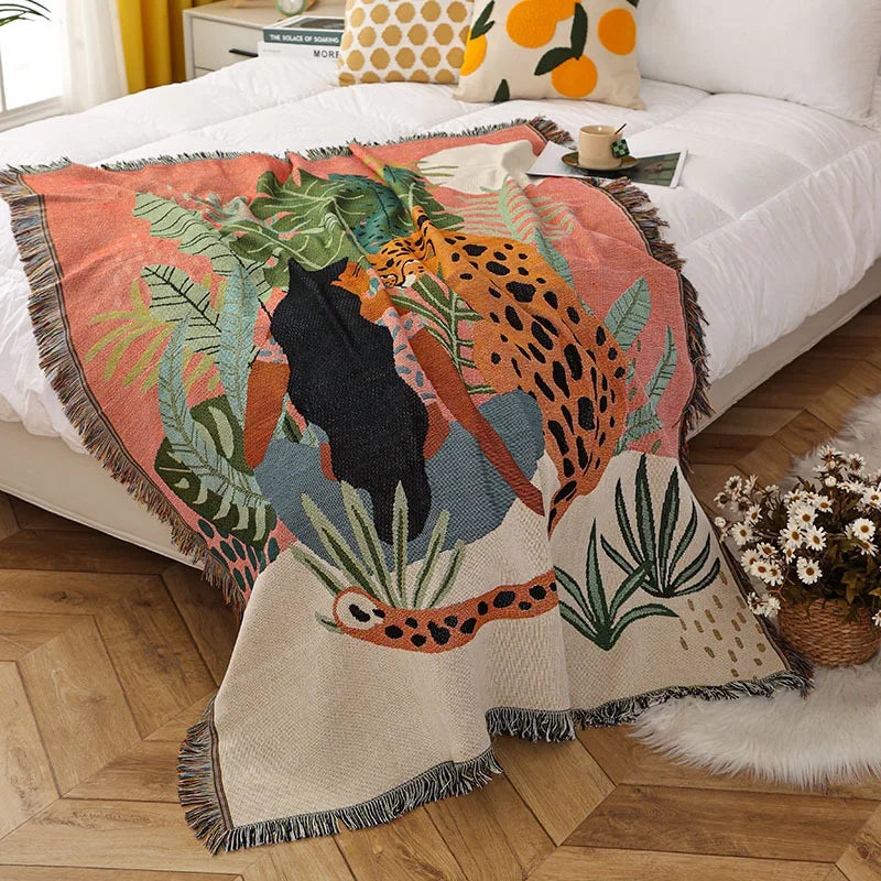 Boho Throw Blanket on Bed with Tiger and Woman 