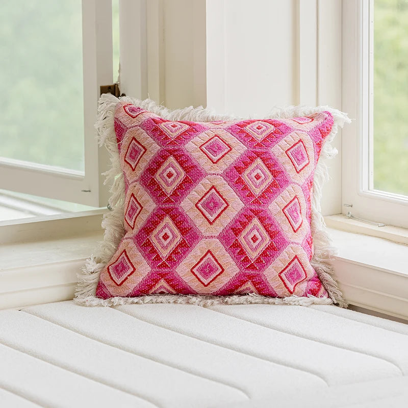 Boho Pink Embroidered Cushion Cover with Tassels for Sofa, Bed & Home Decor