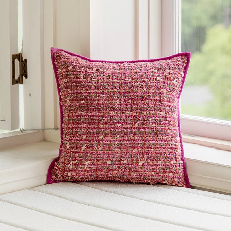 Boho Pink Embroidered Cushion Cover with Tassels for Sofa, Bed & Home Decor