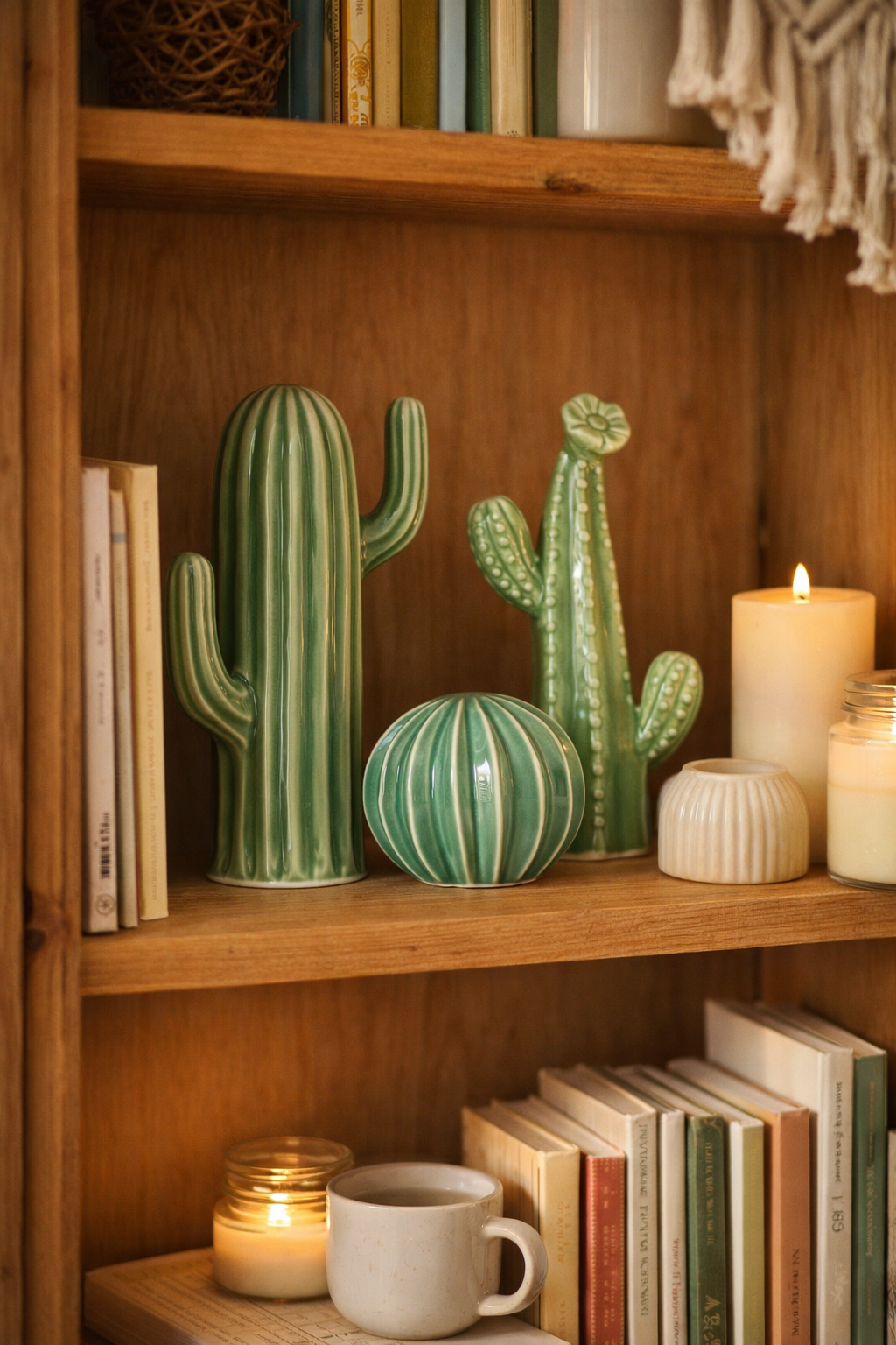 Decorative cacti and books on a wooden shelf with candles.