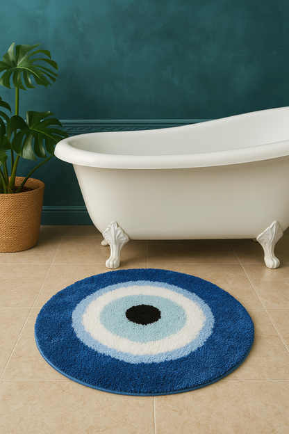 Blue circular evil eye bath mat with concentric circles in a bathroom setting.