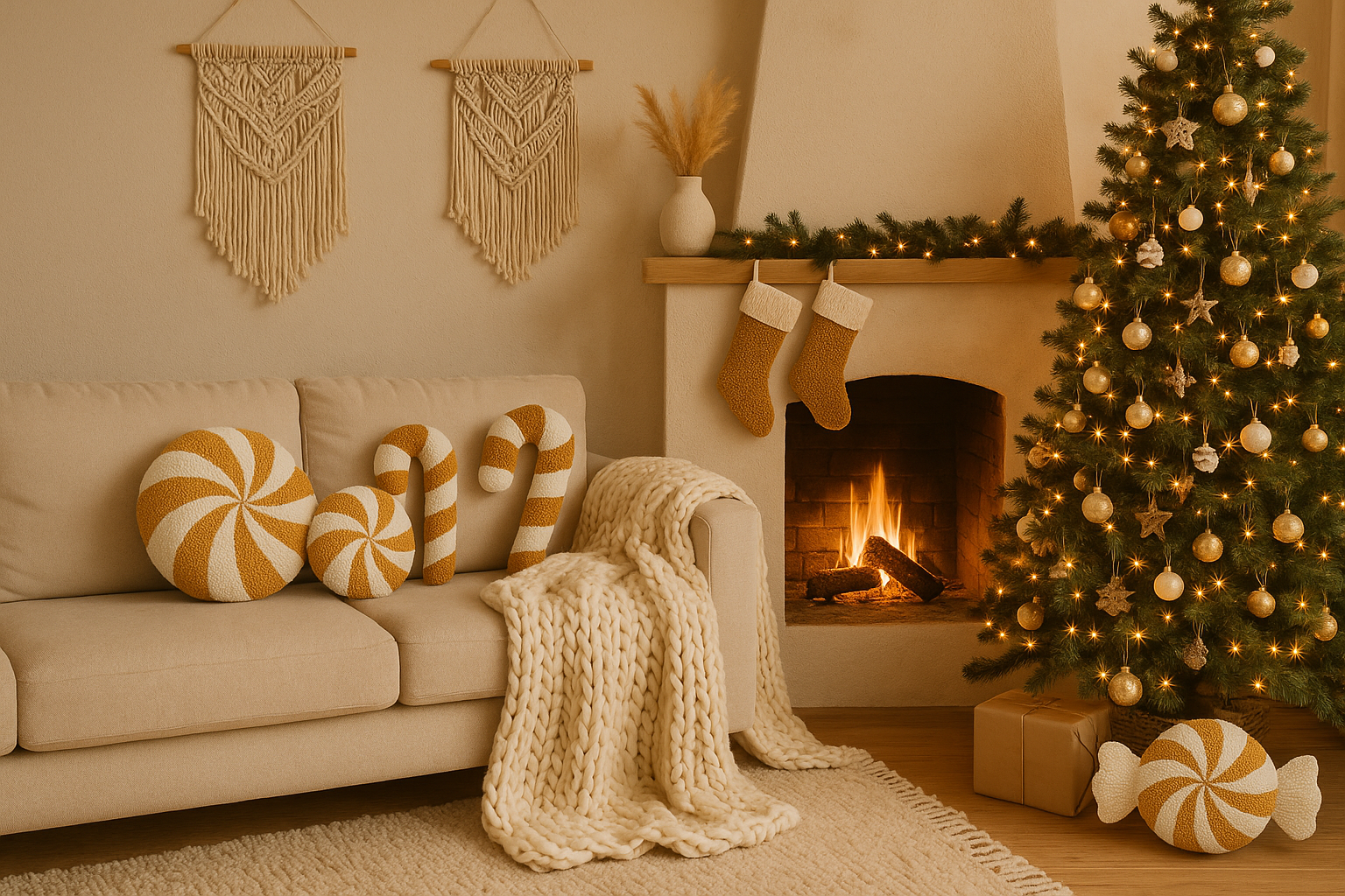 Cozy living room with a Christmas tree, fireplace, and decorative pillows.
