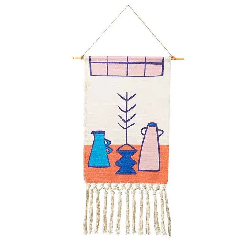 Boho Geometric Canvas Wall Tapestry – Handmade Cotton Macrame with Tassels