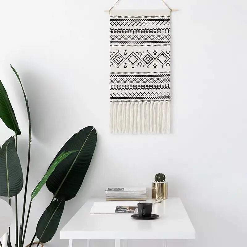 Boho Geometric Canvas Wall Tapestry – Handmade Cotton Macrame with Tassels
